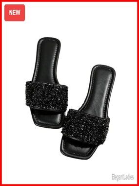 Sparkly Flat Sandals Dressy Open Toe Glitter Slide Shoes Rhinestone Comfortable